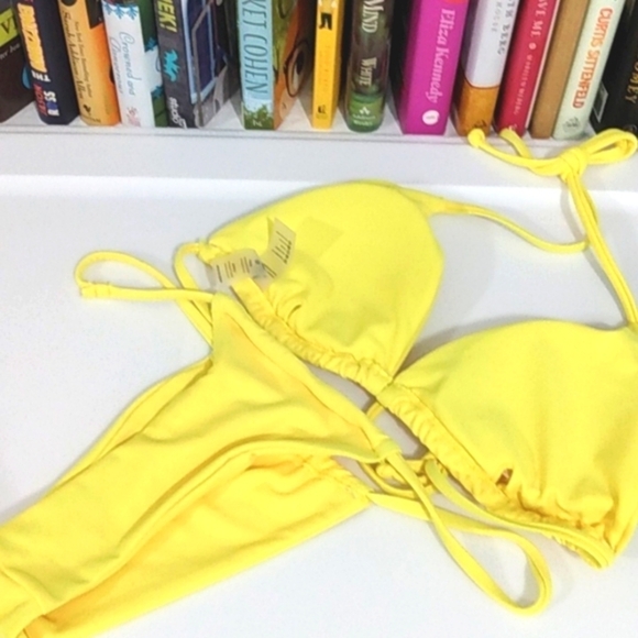 LEMON YELLOW TRIANGLE STRING TIE BRAZILLIAN WAX THONG BIKINI SET SZ MEDIUM NWOT - Picture 8 of 8